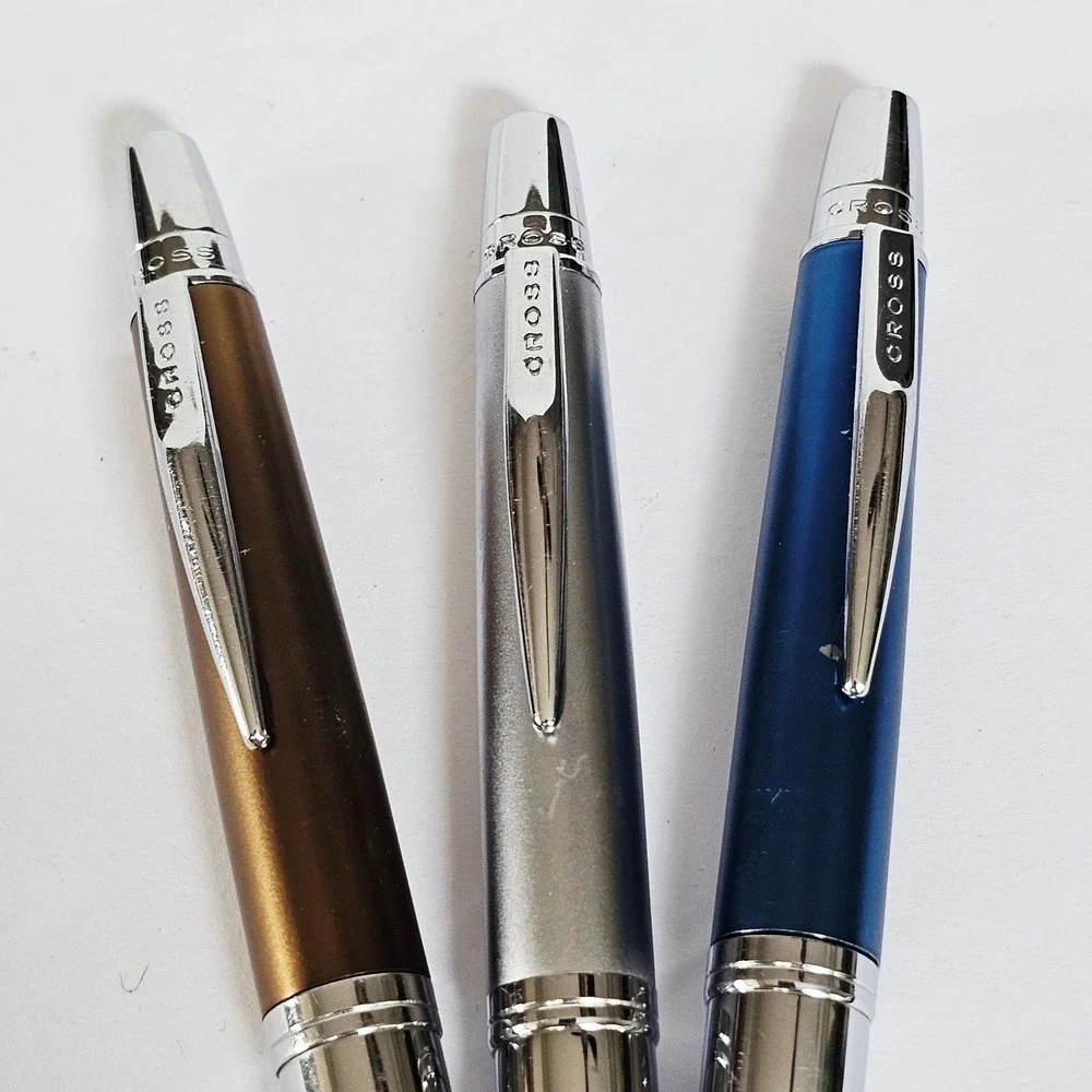 Vintage Cross ATX Ballpoint Pen Set 3 Metallic Blue Silver Bronze Ergonomic Grip